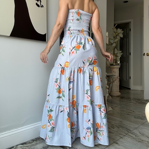 Sky Blue and Orange Tree Patterned Maxi Strapless Dress - Picture 6 of 6